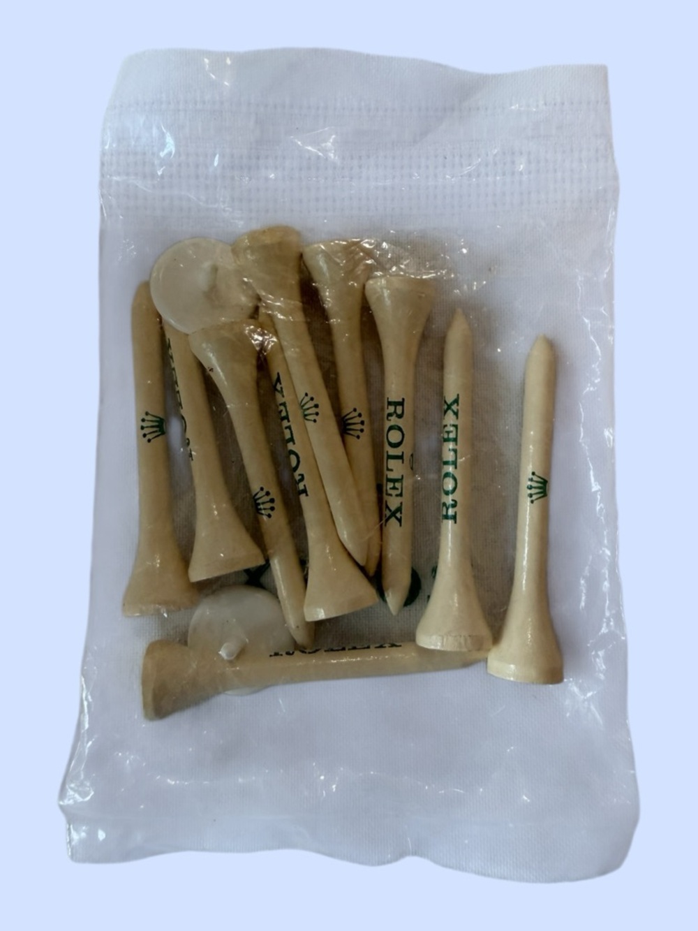 Rolex Branded Ten Golf Tees & Two Ball Markers Green Lettering Crown Logo Sealed - Picture 2 of 3